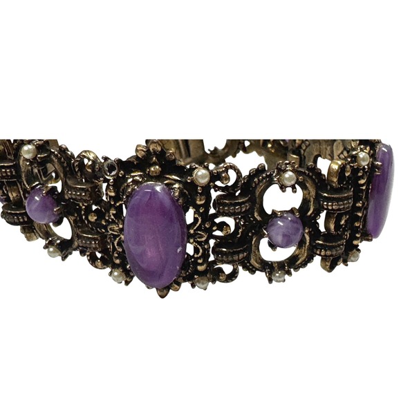 Unsigned Selro Selini‎  antique 1837- 1901 Bronze Bracelet Purple Cabochon Stone - Picture 3 of 8